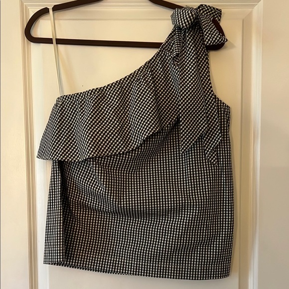 Vineyard Vines Tops Black and White Gingham One Shoulder Bow Tie Tank - Picture 2 of 4